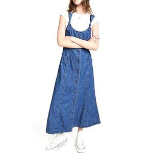 We The Free Blue Denim Maxi Pinafore Dress